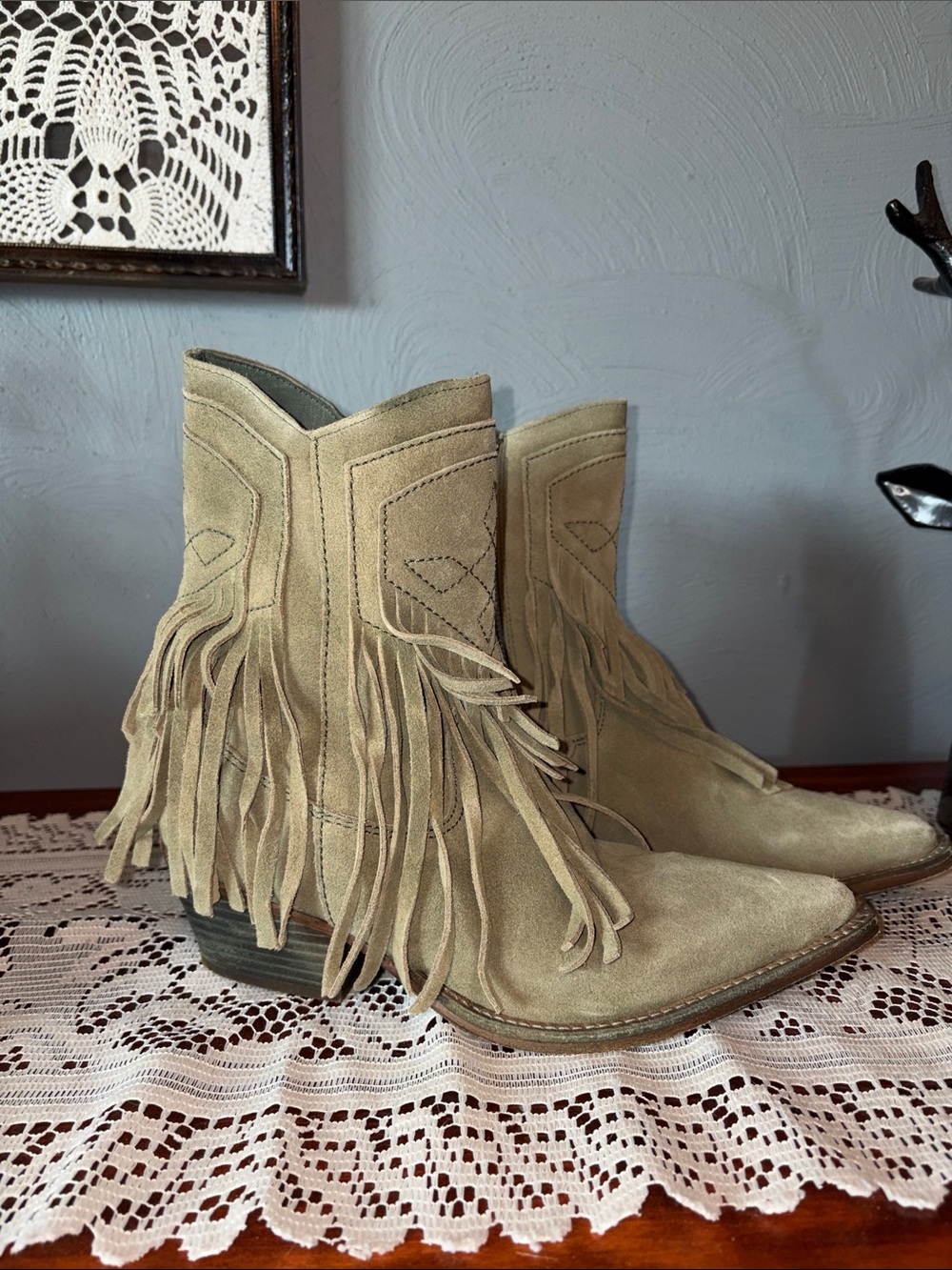 Free People Fringe Suede Ankle Boots - Taupe